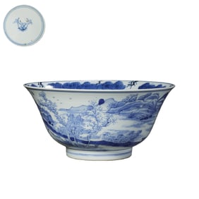 Chinese Qing Dynasty blue and white porcelain bowl with landscape design