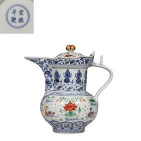 polychrome monk's cap ewer with mandarin duck and water motif from the Xuande period of the Ming