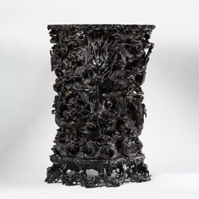 Chinese Qing Dynasty Rosewood Carved Dragon Pattern Round Cylinder