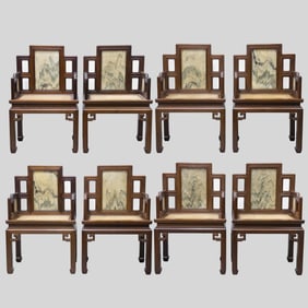 A set of Chinese Qing Dynasty huanghuali wood armchairs inlaid with marble