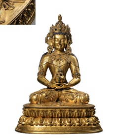 Chinese Ming Dynasty Gilt Bronze Seated Buddha Statue Inlaid with Turquoise