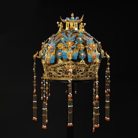 Gilded and Gem-Inlaid Cloisonné Phoenix Crown from the Qing Dynasty, China