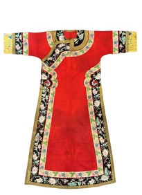 Red jacquard satin cloak with floral patterns of wealth and prosperity from the Qing Dynasty, China