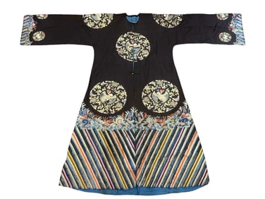 Chinese Qing Dynasty dark blue satin auspicious robe with eight roundels of cranes.