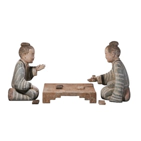 A set of painted pottery chess figurines from the Han Dynasty of China