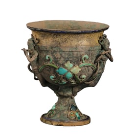 Chinese Han Dynasty Turquoise Inlaid Flying Apsara Stem Cup
