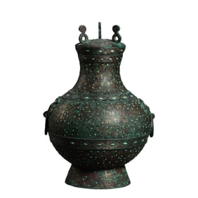 A covered pot inlaid with gold and silver and turquoise from the Warring States period of China