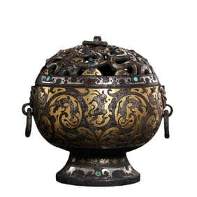 A Chinese Warring States Period Incense Burner with Gold and Silver Inlay and Double Ring Handles