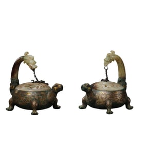 A pair of Chinese Warring States period incense burners inlaid with gold, silver and jade