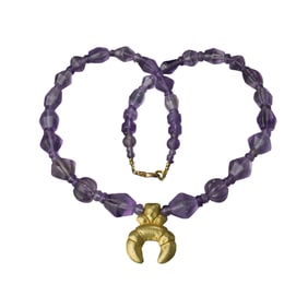 Ancient Roman Jewelry – Gold Pendant Decorated with Amethyst Beads on String[Length : 17in]