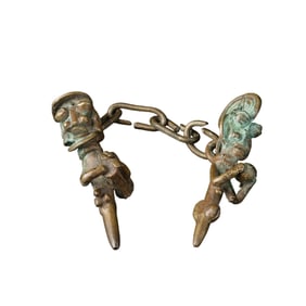 Antique Tribal Bronze African Figures with Chain Ethnographic Art Sculpture