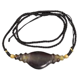 Antique Tibetan Dzi-Style Agate Bead Pendant Hand Knotted Using Soft Fibric Necklace
