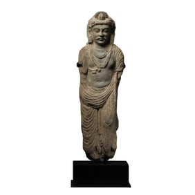 Chinese 2nd century AD Gandhara bluestone standing Buddha statue