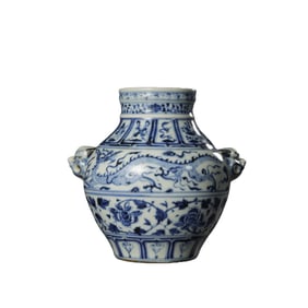 Chinese Yuan Dynasty Blue and White Dragon Pattern Double Animal Head Jar