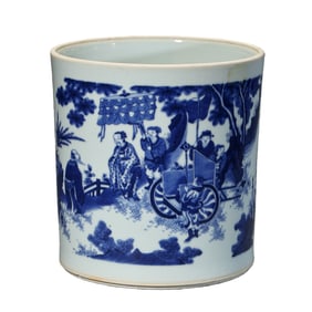 Chinese Qing Dynasty Blue and White Porcelain Brush Pot with Figure and Story Design