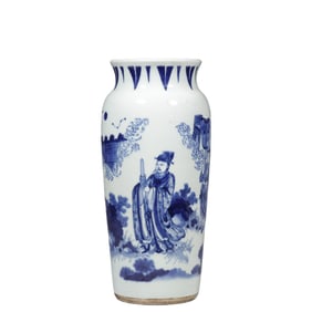 Chinese Qing Dynasty Blue and White Porcelain Vase with Figural Scenes and Elephant Leg Design