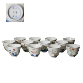 A set of twelve blue-and-white flower goddess cups from the Kangxi period of the Qing Dynasty,