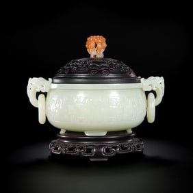 Chinese Qing Dynasty Hetian white jade double-ring handle censer