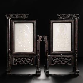 A pair of Chinese Qing Dynasty Hetian white jade Buddha statue screens
