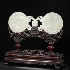 Chinese Qing Dynasty Hetian white jade double-panel screen with dragon and phoenix design