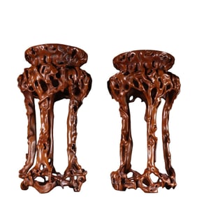 A pair of Chinese Qing Dynasty boxwood root carving tables