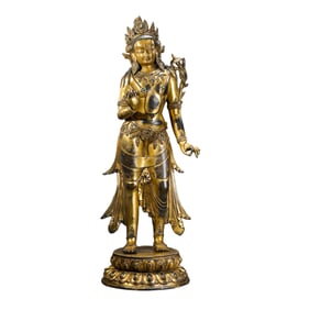 Chinese Ming Dynasty Gilt Bronze Standing Buddha Statue Inlaid with Turquoise