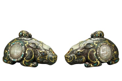 A pair of Chinese Warring States period rabbits inlaid with gold, silver and jade
