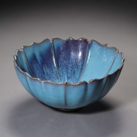 Large Jun ware bowl from the Northern Song Dynasty, China, with sky-blue glaze and red floral rim.