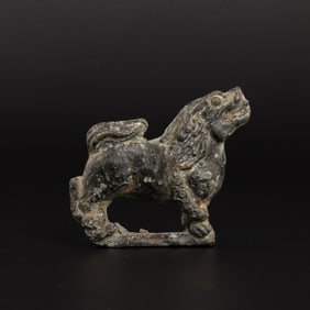 Ancient Bactrian Decorated Ornament Bronze Lion Figurine Zoomorphic Sculpture with Verdigris Patina