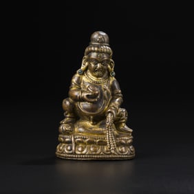 Qing Dynasty Tibetan Gilt Bronze Dzambhala Jambhala Wealth Deity Statue [9.9 x 6.2cm, 221gram]