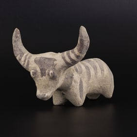 Antique Indus Valley Hand Crafted Painted Terracotta Bull Figurine [7 x 8.2cm, 87gram]