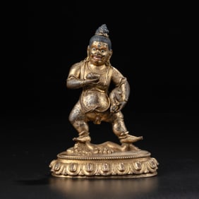 Qing Dynasty Tibetan Gilt Bronze Zambala Jambhala Statue [11 x 8cm, 271gram]