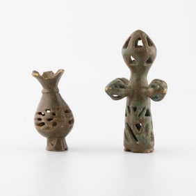 Ancient Bronze Ritual Artifacts Openwork Pomegranate and Stylized Cross Motif [5.4 x 2.8cm, 8.2 x 5.