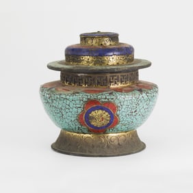 Hand Made Tibetan Cloisonné With Turquoise Inlaid Ritual Vessel with Gilt Accents [25 x 25.5cm,