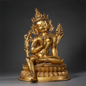 Chinese Ming Dynasty Gilt Bronze Seated Buddha Statue Inlaid with Gemstones