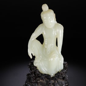 Chinese Qing Dynasty Hetian white jade seated Buddha statue