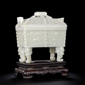 Chinese Qing Dynasty Hetian white jade square tripod covered incense burner