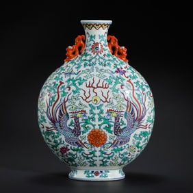Doucai double phoenix pattern flat bottle from the Guangxu period of the Qing Dynasty, China