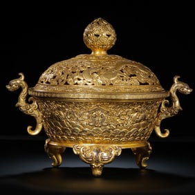 Gilt bronze incense burner with two handles and three legs, dating from the Qianlong period of the