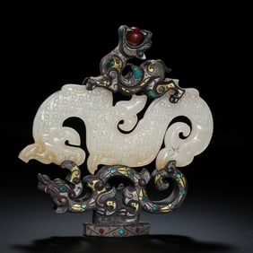 Chinese Warring States Period Dragon Pendant Inlaid with Gold, Silver and Jade