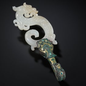Chinese Warring States Period Inlaid Gold and Silver Jade Dragon Belt Hook