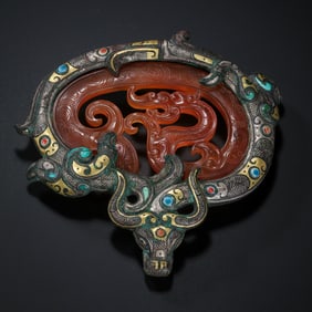 Chinese Warring States Period Inlaid Gold and Silver Pendant with Agate Dragon Pattern