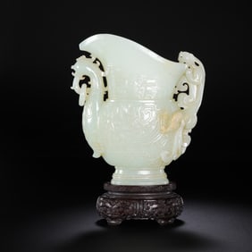 Chinese Qing Dynasty Hetian white jade dragon and phoenix ring-eared wine cup