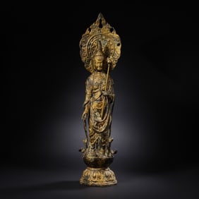 Ancient Chinese gilt bronze standing Buddha statue