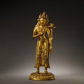 Chinese Qing Dynasty Gilt Bronze Standing Buddha Statue