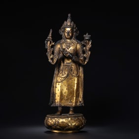 Chinese Qing Dynasty Gilt Bronze Standing Buddha Statue