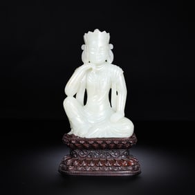 Chinese Qing Dynasty Hetian white jade seated Buddha statue