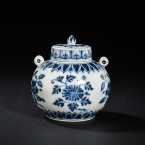 Blue and white porcelain double-handled covered jar from the Qing Dynasty, China