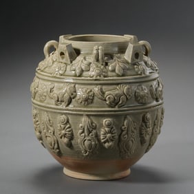Chinese Sui Dynasty Xiangzhou Kiln Celadon Four-Handled Jar with Appliqué Decoration
