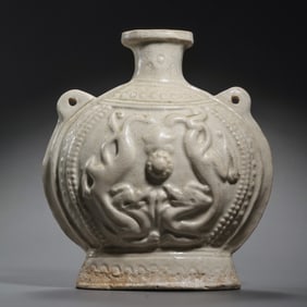 Chinese Sui Dynasty Xiangzhou Kiln Celadon Flat Flask with Appliqués and Double Handles